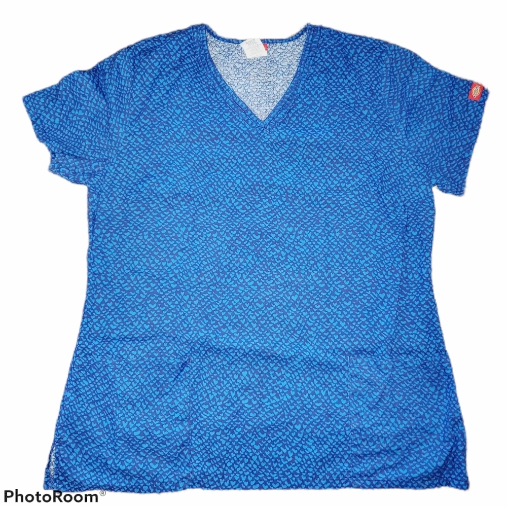 Dickies Blue Heart Print V-Neck Scrub Top XL Cotton Pockets